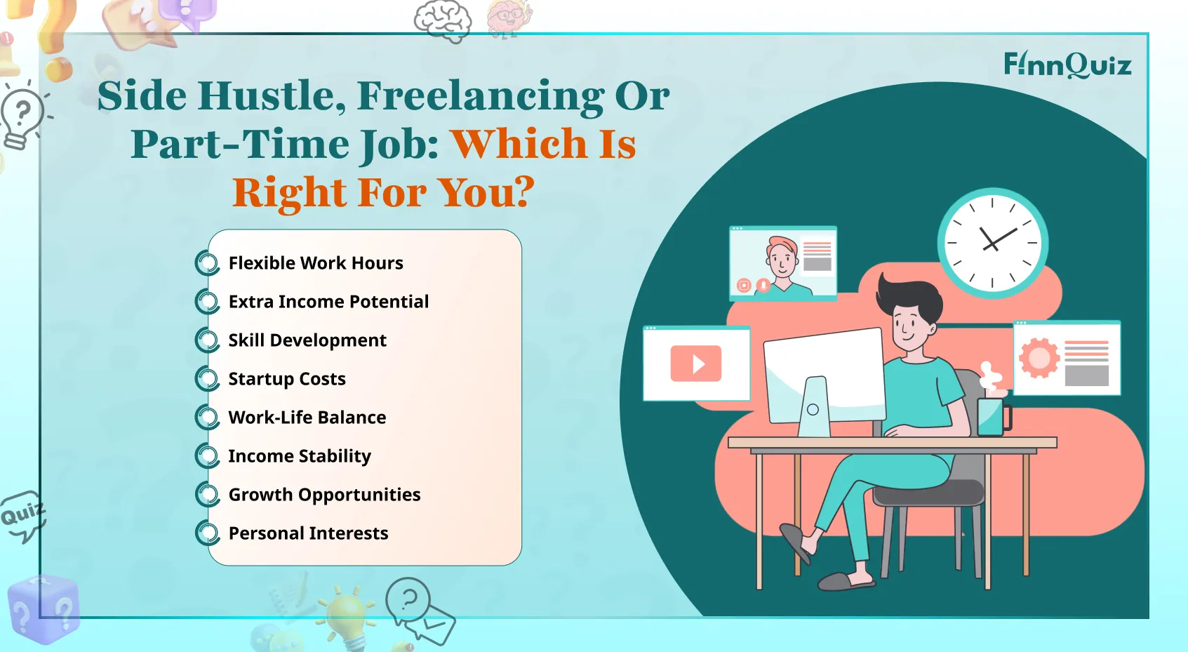 Person comparing options for extra income with a checklist, calculator, and job symbols